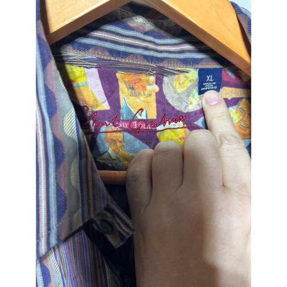 Robert Graham Button Up XL Purple Geometric Stripe Contrast Trim FLAW - Picture 8 of 12